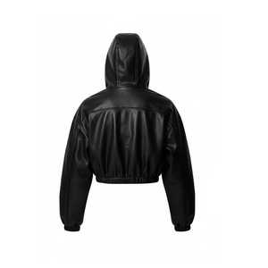 Cropped Hooded Bomber <b>Jacket</b> Women PU <b>Leather</b> Full Sleeve Solid Color Zipper Closure Autumn Style Windproof - Product Image 3