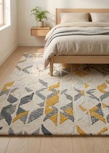 Tapis en laine tufté à la main ivoire très demandé, motif géométrique abstrait gris-moutarde, antidérapant, à poils moyens, avec envers en coton et silicone - Product Image 2
