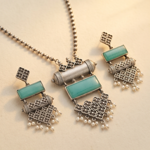 DIVYORO TURQUOISE RECTANGLE <b>STATEMENT</b> OXIDIZED SILVER <b>NECKLACE</b> and EARRING SET for WOMEN ADJUSTABLE LENGTH ANNIVERSARY - Product Image 1