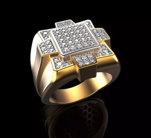 Royal 925 Silver Gold Finish <b>CZ</b> Studded <b>Ring</b> Bold Square Design Wide Band Men Women Fashion Jewelry - Product Image 2