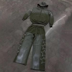 Conjunto de Sudadera con Capucha y Pantalones de Pierna Recta Olive Custom Vintage Sun Washed, Estilo Casual de Dos Piezas - Product Image 4
