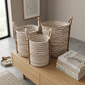 Natural Banana Bark Recycled <b>Plastic</b> Eco-Friendly Modern Storage <b>Basket</b> Set with Handles Tall Pot Planter Room Decor - Product Image 4