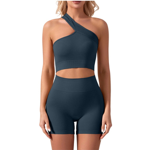 Ensemble de sport asymétrique à une épaule, soutien-gorge et short taille haute, couleur unie, extensible dans quatre directions, en Spandex et Polyester, pour Yoga et Entraînement, 2 pièces - Product Image 3