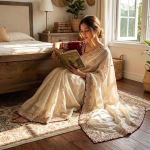Sari de seda Pure Space con brillo de terciopelo, adornado con lentejuelas y delicado trabajo manual de Cutdana con cuentas doradas y blusa con bordados. - Product Image 2