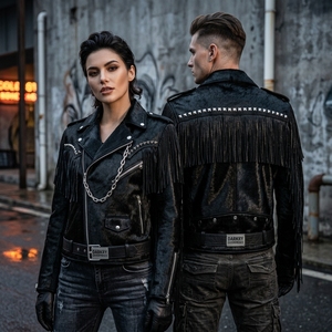 Chaqueta de cuero negra personalizada al por mayor para hombre con pelo de vaca, flecos, estilo motero, con tachuelas de metal pesado y cadena, estilo punk, fabricante de prendas de abrigo. - Product Image 5