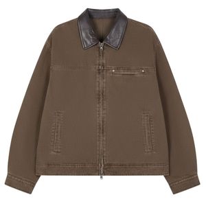 Blouson matelassé en twill lavé pour homme, veste légère zippée avec col en cuir, veste d'extérieur tendance en marron - Product Image 1