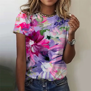 T-shirts pour femmes à imprimé floral tendance, col rond, manches courtes, en jersey respirant pour l'été - Product Image 4