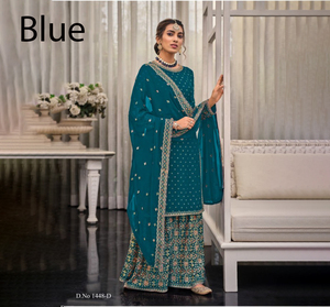 Salwar Kameez de Seda Azul Bordado para Mujer, Traje Tradicional para Boda, N.º 1448-D, Largo hasta el Suelo, Corte Regular - Product Image 1