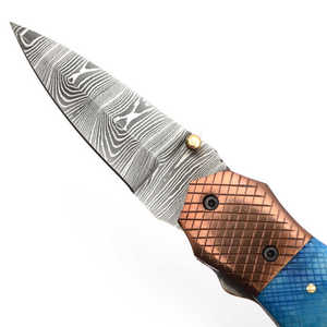 Navaja Plegable de Acero de Damasco con Hoja de Punta Caída, Mango de Micarta Azul, 8 Pulgadas de Longitud Total, con Perilla de Pulgar, Navaja de Bolsillo - Product Image 6