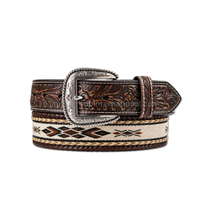 Wholesale Western Leather <b>Belt</b> for Men Women Brown Floral Tooled Cowboy <b>Belt</b> with Aztec Woven Fabric Inlay <b>Silver</b> <b>Buckle</b> - Product Image 1