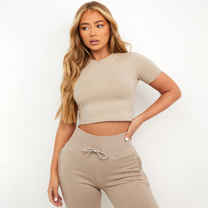 Wholesale Women 2 Piece Lounge Set Mauve Crop Top Short Sleeve T Shirt High Waist Joggers Sweatpants Matching Co-ord Sweatsuit - Product Image 2