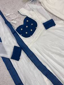 Women Elegant White Anarkali Gown with Blue Border Dupatta - Product Image 5