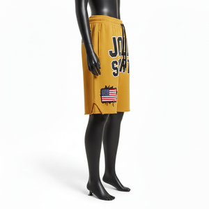 Short de basketball en molleton de coton premium 320 GSM jaune moutarde avec patch chenille et badge tissé, logo personnalisé - Product Image 3