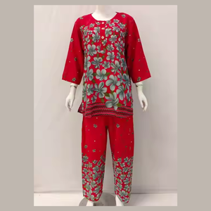 Conjunto de Pijama Informal para Mujer, Hasta la Rodilla, Estampado Floral, Manga Larga, Tela No Tejida, con Pantalón Largo, 100% Rayón, Corte Súper Holgado - Product Image 1