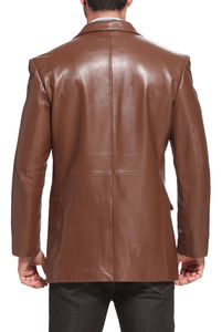 <b>Men's</b> <b>Brown</b> Leather <b>Blazer</b> Slim Fit Single Breasted Turn-down Collar Smart Casual Autumn Wear Solid Color Regular Sleeve - Product Image 2