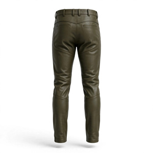 <b>Men's</b> Olive Green <b>Leather</b> Moto Pants High Waist Straight Fit Casual <b>Trousers</b> - Product Image 2