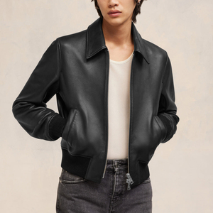 Blouson aviateur en cuir noir pour homme, col rabattu, fermeture éclair, style motard, couleur unie, manches classiques, pour l'automne - Product Image 4
