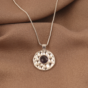 Classic Round Amethyst Quartz Pendant Necklace with Hammered Texture Silver Plated <b>Box</b> Chain Unisex Everyday Jewelry Necklace - Product Image 5