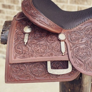 Selle de cheval western en cuir véritable marron de haute qualité, neuve, avec décorations en cuivre, design personnalisé, selle western portable, logo personnalisé - Product Image 2