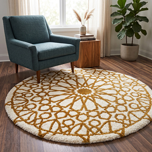 Tapis en laine géométrique rectangulaire couleur or moutarde ivoire, tufté à la main, antidérapant, motif étoile radiale, motifs mosaïques décoratifs - Product Image 3