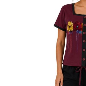 Burgundy And Black Women <b>Two</b> <b>Piece</b> Shorts <b>Set</b> Square Neck Button Top Floral Print Contrast Trim Casual Summer Cotton <b>Lounge</b> Wear - Product Image 3