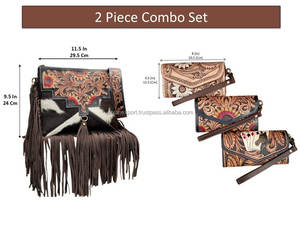 Nuevo bolso de flecos de cuero de vaca genuino personalizado y bolso de mano con diseño de girasol para mujer conjuntos combinados de 2 piezas - Product Image 2