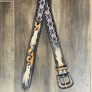 Nouveau design personnalisé de ceinture perlée en cuir usiné à la main de cow-boy occidental de luxe ceinture à perles en alliage avec boucle ardillon en cuir véritable ceinture de créateur avec plumes - Product Image 4