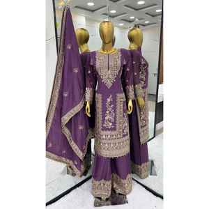 FANCY CHINON BORDADO CODIFICACIÓN DORI SECUENCIA TRABAJO TOP PALAZZO CON DUPATTA LAVANDA - Product Image 2