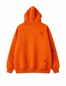Sweat à capuche zippé pour homme, orange, effet vieilli, coupe oversize, style vintage, déchiré, en polaire, streetwear, avec poches - Product Image 4