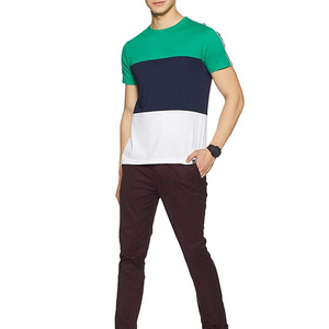 Men's Tricolor Block T-<b>Shirt</b> - Green Navy White <b>Patchwork</b> Tee - Slim Fit Cotton Short Sleeve Casual Training Top - Product Image 3