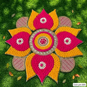 Tapis Rangoli traditionnel avec motif pompon rose, jaune et blanc pour la décoration de mariage et de festival - Product Image 3