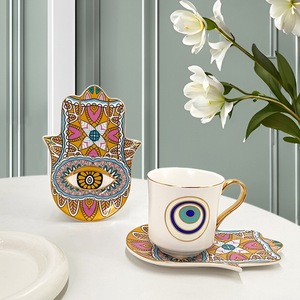 Ensemble de tasses en céramique œil porte-bonheur avec soucoupes Hamsa colorées, poignée dorée bohème, pour café turc et thé, coffret cadeau, vente en gros OEM - Product Image 3