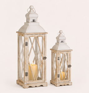 Handmade Farmhouse Wood and Metal <b>Lantern</b> <b>Set</b> of 2 Rustic Whitewash Distressed Finish Decorative Candle Holders for Indoor - Product Image 1