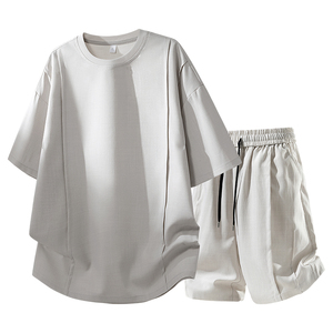 Ensemble décontracté deux pièces pour homme en coton gris thermique à motif floral, t-shirt à col rond et manches courtes, short à cordon de serrage, respirant, tricoté, pour l'été - Product Image 3