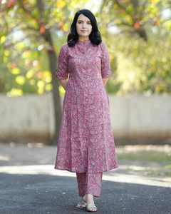 Conjunto de pantalón y kurta de mezcla de algodón con estampado floral para mujer, ropa étnica informal - Product Image 2