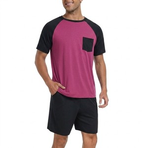 Ensemble décontracté d'été pour homme : T-shirt raglan rose et noir et short, style poche, col ras du cou, tenue deux pièces pour le sport et la détente - Product Image 4