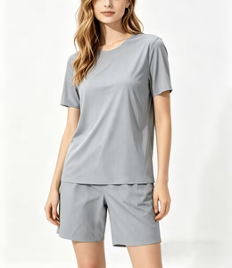 Women 2-Piece Shorts <b>Set</b> Solid Gray <b>Knitted</b> T-Shirt Knee Shorts Casual Summer Outfit Quick Dry Breathable Eco-Friendly - Product Image 6
