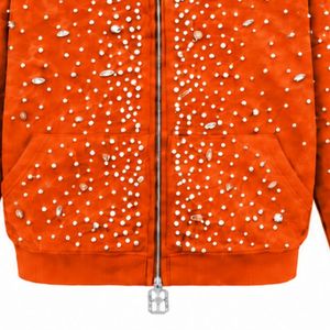 Bright <b>Orange</b> Pearl Zip <b>Hoodie</b> Crystal Studded Winter Streetwear Jacket Long Sleeve Casual Hooded Sweatshirt Front Pockets - Product Image 5