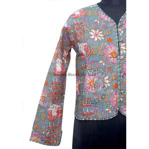 Handmade Short Reversible Eco-Friendly Cotton Breathable Quick Dry Vintage <b>Quilted</b> Autumn <b>Jacket</b> Button Closure Full Sleeves - Product Image 3
