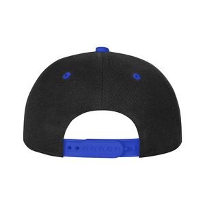 Casquette Snapback personnalisée à 6 panneaux, noire avec visière bleue, ajustable, unisexe, style urbain, en coton, avec logo lettres colorées sur le pan gauche - Product Image 6