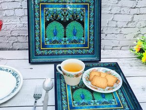 Star Crafts India Set Two Sticker Meena Finish Wooden Serving Trays-Luxury Tabletop Dishwasher <b>Microwave</b> Safe for - Product Image 1