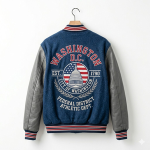 Veste universitaire en laine pour homme, style décontracté, avec manches en cuir bleu, broderie Washington D.C., style automne - Product Image 3