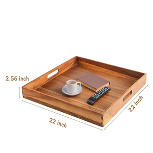 Plateau carré en bois d'acacia fait à la main avec poignées pour servir ou usage décoratif dans la cuisine, la salle à manger ou l'espace ferme - Product Image 4