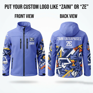 <b>Men</b> Softshell <b>Jacket</b> 300 GSM Polyester Stretch Fabric Blue <b>White</b> Graphic Panels Embroidered Custom Logo Full Zip Hooded Outdoor - Product Image 1