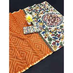 DISEÑADOR LINO BANDHEJ IMPRESIÓN DIGITAL TRABAJO SAREE CON BOLUSE SIN COSTAR AMARILLO - Product Image 1