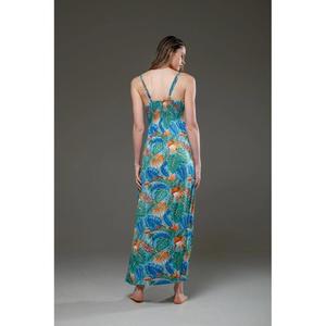 เดรสยาวพิมพ์ลายทรอปิคอลสีน้ำเงินสำหรับผู้หญิง คอวี แขนบาน เอวธรรมชาติ ผ้าฝ้าย 100% เป็นมิตรกับสิ่งแวดล้อม เหมาะสำหรับใส่ไปทะเลช่วงฤดูร้อน ดีไซน์เก๋ไก๋ - Product Image 5