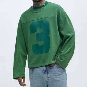 T-shirt vert surdimensionné à manches longues pour homme, imprimé numéro 3, style streetwear, col rond, en coton tricoté, haut décontracté - Product Image 2