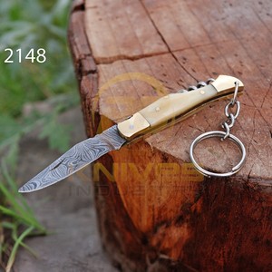 Couteau de poche pliant artisanal en acier Damas, mini couteau EDC porte-clés, manche en bois, outil personnalisé pour le camping et la chasse en extérieur, OEM, vente en gros - Product Image 2