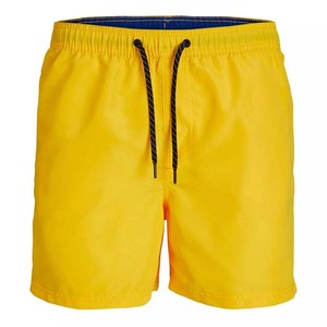 Short de bain décontracté pour homme en toile écologique jaune uni, taille mi-haute élastique, séchage rapide, longueur courte - Product Image 1