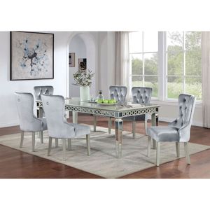 Ensemble de salle à manger 7 pièces Glam Silver gris foncé, chaise à dossier capitonné en acrylique avec dossier à feuilles capitonnées, meubles de salle à manger, table et 6 chaises - Product Image 1